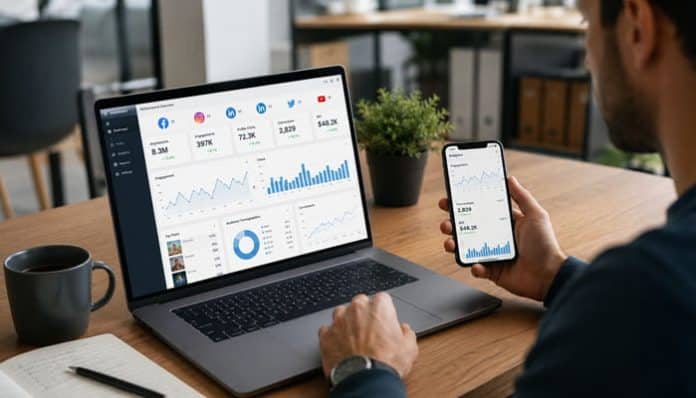 Marketer learning how to track social media metrics using a laptop analytics dashboard and smartphone