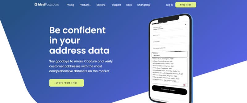 Ideal Postcodes - Startupeditor | Startup Editor Hero section: gradient blue/purple with a phone mockup showing an address form and a "Start Free Trial" button on the left.
