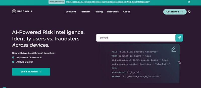 Incognia - Startupeditor | Startup Editor Incogn ia AI risk intelligence hero: dark purple page with the headline about identifying fraudsters and a teal 'See It in Action' button, left-side text, right-side search bar and a code snippet.