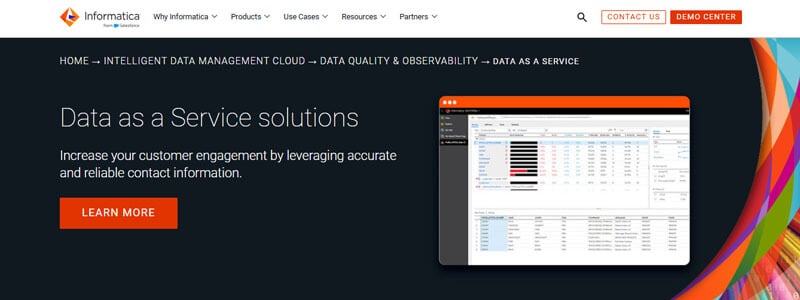 Informatica Data as a Service - Startupeditor | Startup Editor Hero banner for Data as a Service solutions: dark background, software dashboard screenshot on the right, and an orange Learn More button on the left.
