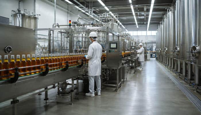 Integrating Filling - Startupeditor | Startup Editor Bottling line in a clean industrial factory with amber bottles moving along a conveyor while workers in white coats and hard hats monitor the process