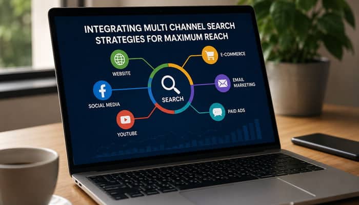 Integrating Multi Channel Search Strategies for Maximum Reach - Startupeditor 1 | Startup Editor Laptop screen shows a multi‑channel search strategy diagram with a central 'Search' icon connected to Website, Social Media, YouTube, E‑commerce, Email Marketing, and Paid Ads.