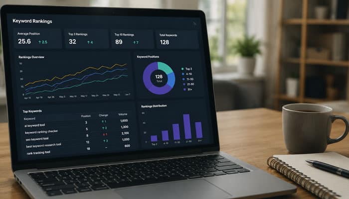 Limitations of AI-Based Keyword Ranking Data - Startupeditor | Startup Editor AI-Based SEO Keyword Ranking Tool displaying keyword positions and ranking distribution