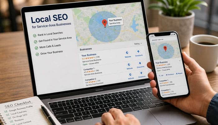 Local SEO for Service-Area Businesses - Startupeditor | Startup Editor SEO Services Near Me dashboard for a service-area business displayed on laptop and phone