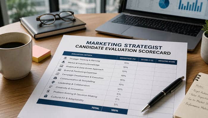 Marketing Strategist Candidate Evaluation Scorecard - Startupeditor | Startup Editor Marketing strategist for hire candidate evaluation scorecard displayed with a laptop, reports, notebook and pen.