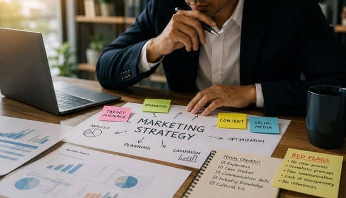 Marketing strategist for hire reviewing campaign plans, analytics reports and customer strategy notes at an office desk.