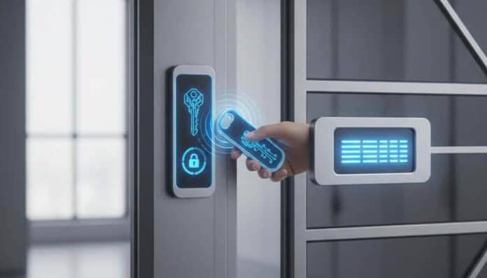 Person uses a keycard to unlock a secure door with a digital blue-lit reader and keypad on the frame.