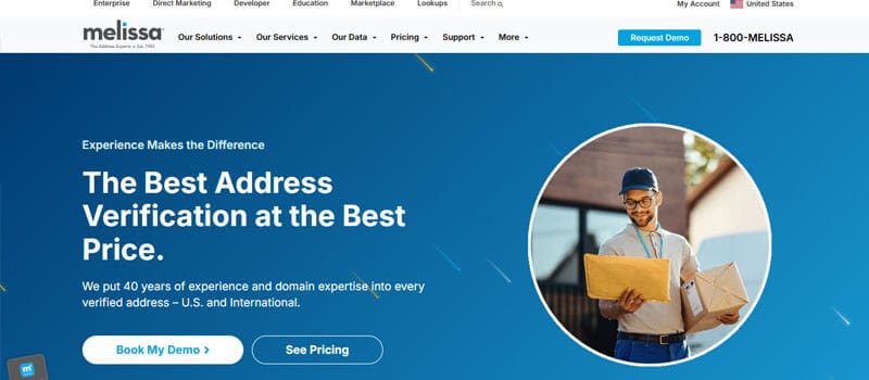 Melissa - Startupeditor | Startup Editor Melissa hero banner: blue gradient background with bold headline about address verification at the best price; delivery worker with parcels in a circular photo on the right.