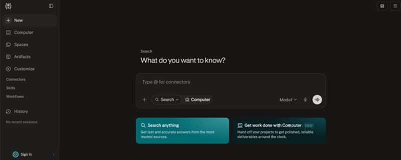 Perplexity - Startupeditor | Startup Editor Dark dashboard homepage with a central search prompt and two teal action cards, left navigation visible.