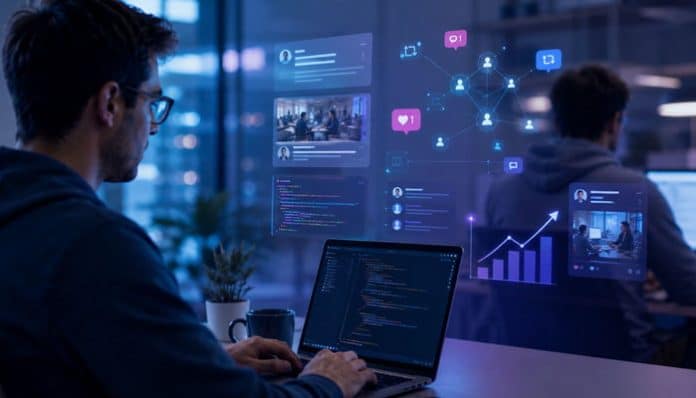 ProgramGeeks Social Media dashboard showing developers using laptops with digital icons and growth analytics.