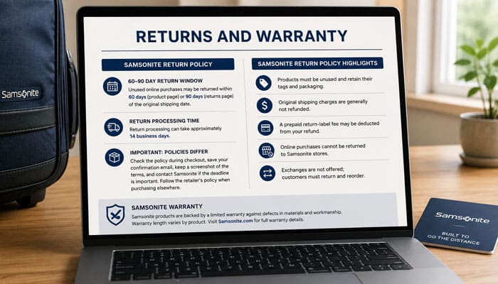 Returns and Warranty - Startupeditor | Startup Editor Laptop displaying return and warranty details for the Samsonite Better Than Basic Backpack.