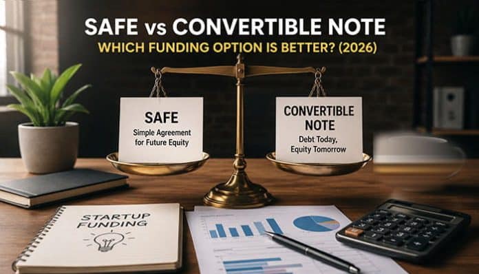 SAFE vs convertible note comparison showing a balance scale between SAFE financing and convertible note funding for startup investment decisions.