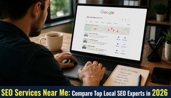 SEO Services Near Me expert analyzing local Google search results on a desktop computer