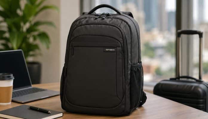 Samsonite Better Than Basic Backpack standing on an office desk beside a laptop, coffee cup and rolling suitcase.