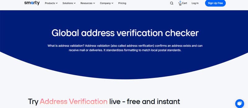 Smarty Address - Startupeditor | Startup Editor Hero banner announcing a global address verification checker with blue curved background and navigation bar at top