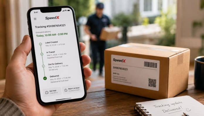 SpeedX Tracking displayed on a smartphone beside a delivery package and shipping notes.