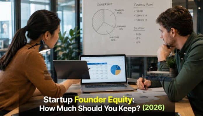 Startup founders reviewing a cap table and discussing startup founder equity ownership after a funding round.