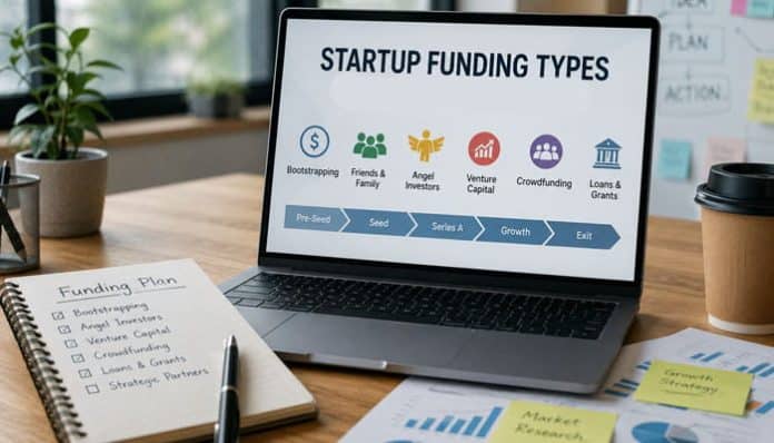 Laptop displaying startup funding types, including bootstrapping, angel investment, venture capital, crowdfunding, and business loans.