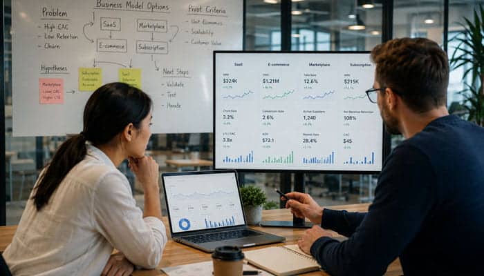 Startup Pivot Metrics by Business Model - Startupeditor | Startup Editor Founders comparing startup pivot metrics for SaaS, e-commerce, marketplace, and subscription models.