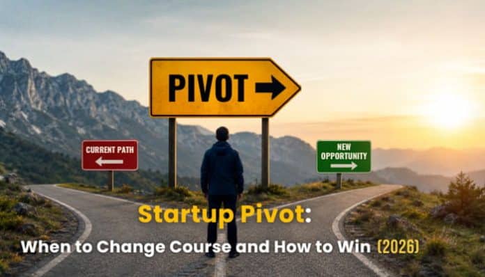 Startup pivot road sign showing a founder choosing a new business direction.