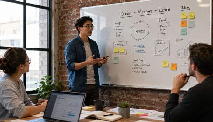 The Lean Startup Summary - Startupeditor | Startup Editor Founder presenting the Build-Measure-Learn cycle featured in the lean startup summary.