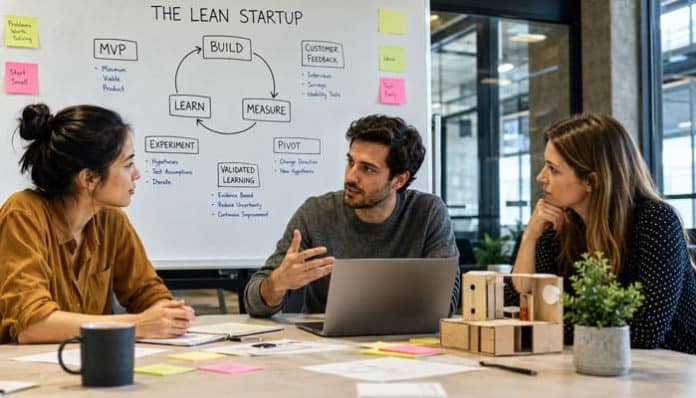 Startup team discussing MVP development and experimentation for the lean startup summary.