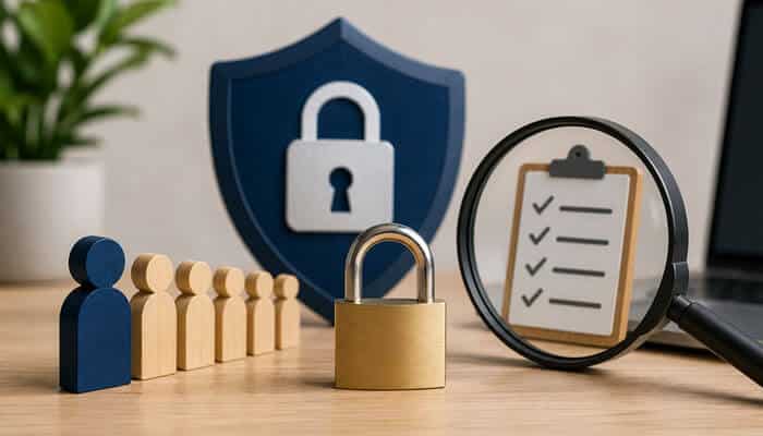 The Principle of Least Privilege and Regular Access Reviews - Startupeditor | Startup Editor Security concept: shield with a padlock, row of people icons, checklist, and magnifying glass on a laptop.