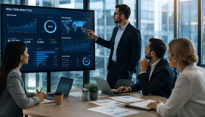 The Role of Real Time Data in Corporate Strategy - Startupeditor | Startup Editor Business presenter explains real-time analytics on a large screen while four colleagues watch in a glass-walled conference room, reporting metrics visible on the dashboard.