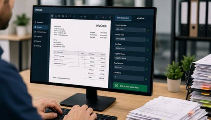 Person typing at a desk; monitor shows an invoice editing app with an invoice document on the left and data fields on the right