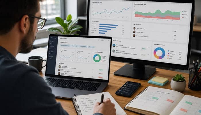 Use Social Listening Before Creating Content -Startupeditor | Startup Editor How to Improve Social Media Content with a marketer reviewing posts on a laptop and smartphone