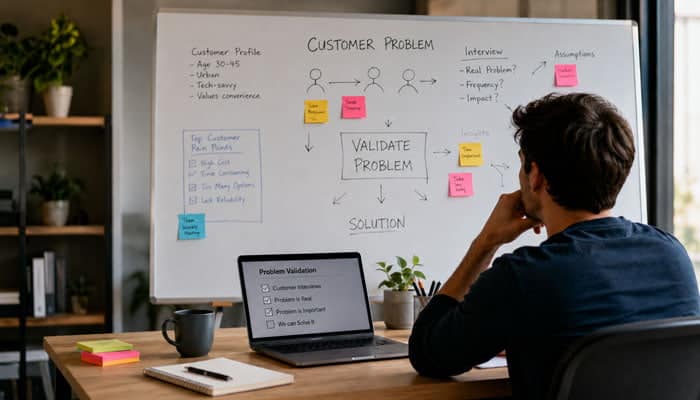 Validate the Problem Before Building the Product - Startupeditor | Startup Editor Business Advice for Startups showing an entrepreneur validating a customer problem using research notes and a whiteboard.