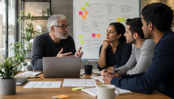 What Angel Investors Provide Beyond Money - Startupeditor | Startup Editor Startup founders discussing how much do angel investors invest with an experienced investor during a funding meeting.