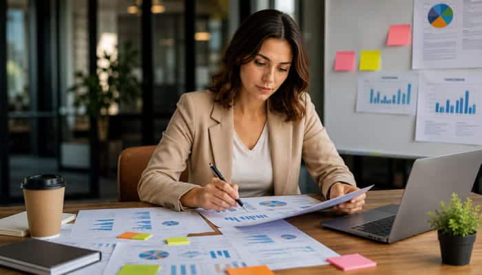 What Does a Marketing Strategist Actually Do - Startupeditor | Startup Editor Marketing strategist for hire analyzing performance reports and writing notes beside a laptop in a modern office.