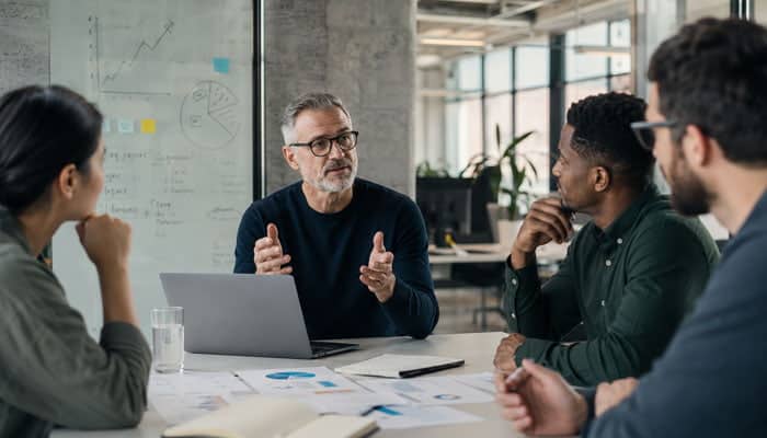 What Does a Startup Advisor Do - Startupeditor | Startup Editor Advisor for startups leading a strategic planning meeting with a diverse founding team.