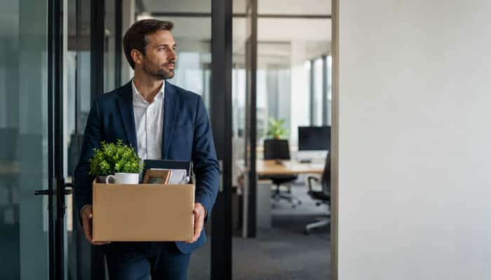 What Happens If You Leave or Are Laid Off - Startupeditor | Startup Editor Employee leaving an office with personal belongings after working at a startup vs big company.