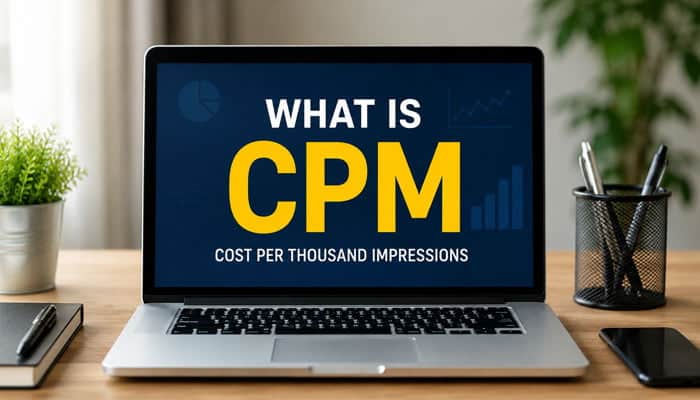 What Is CPM - Startupeditor | Startup Editor What social media platform pays the most explained through CPM on a laptop screen in a modern workspace.