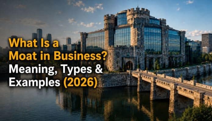 Blog cover image with a riverside castle and the title: 'What Is a Moat in Business? Meaning, Types & Examples (2026)'.