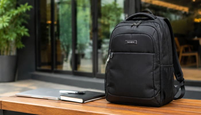 What Is the Samsonite Better Than Basic Backpack - Startupeditor | Startup Editor Black Samsonite Better Than Basic Backpack displayed on a wooden table outside a modern café.