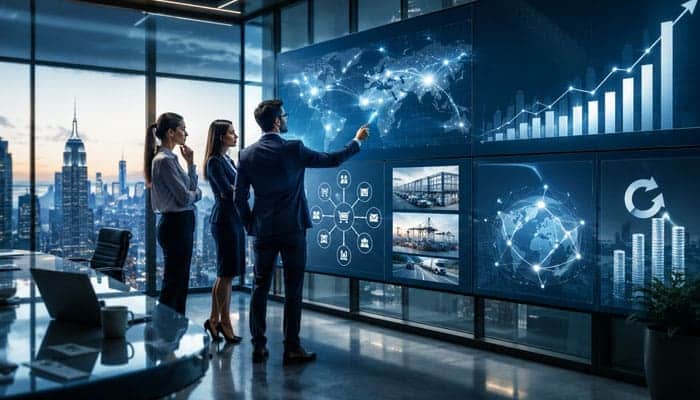 What Makes Billionaire Business Ideas Scalable - Startupeditor | Startup Editor Business professionals analyzing global technology trends and billionaire business ideas in a modern office.