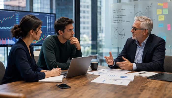 What the 2026 Angel Market Means for Founders- Startupeditor | Startup Editor Angel investor advising startup founders about how much do angel investors invest during a financial planning meeting.
