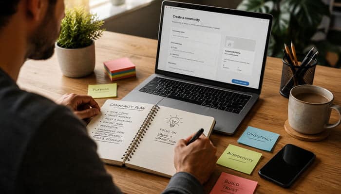 What to Do Before Creating a Reddit Community - Startupeditor | Startup Editor Person planning community rules and growth strategies while learning how to create a Reddit community.