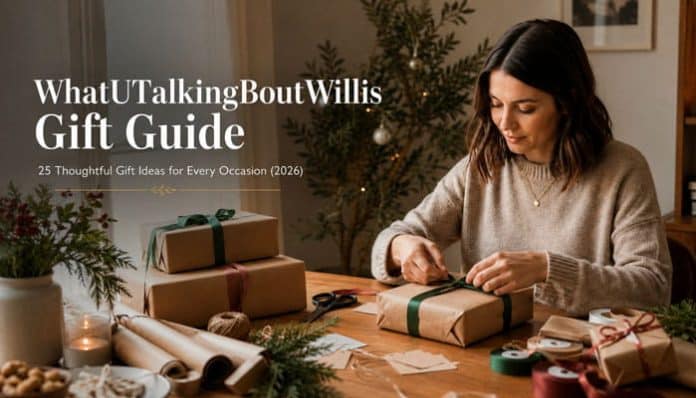 Woman wrapping presents beside the WhatUTalkingBoutWillis Gift Guide title for 25 thoughtful gift ideas in 2026.