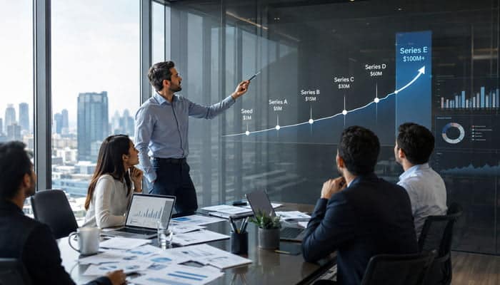 Where Series E Funding Fits in the Startup Lifecycle - Startupeditor | Startup Editor Startup founder presenting the Series E funding stage on a business growth chart to company executives.
