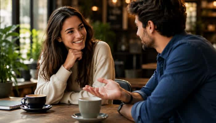 Why Asking Good Questions Can Improve a Conversation - Startupeditor | Startup Editor Smiling couple having coffee and using Flirty Questions to Ask a Girl during a relaxed café conversation.