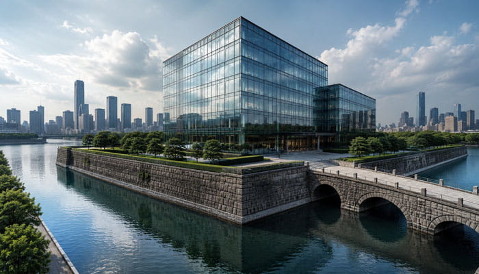 Why Does a Business Moat Matter - Startupeditor | Startup Editor Glass modern office building on a water-filled island, connected by a stone arched bridge, with a city skyline in the background.