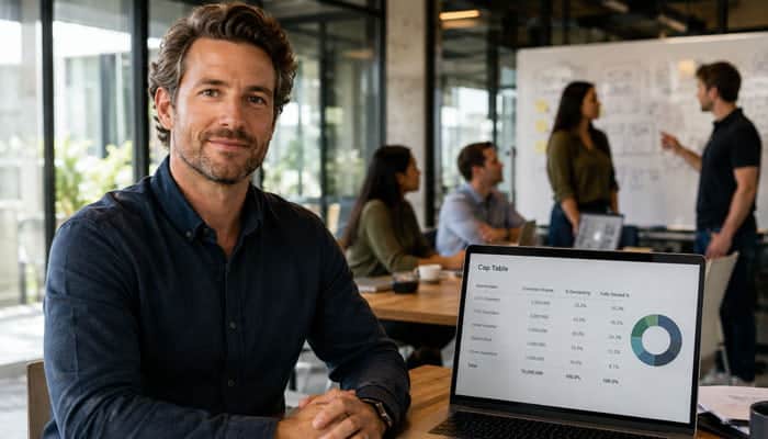 Why Startup CEOs Receive Equity- Startupeditor | Startup Editor Startup CEO equity compensation discussion with a founder and startup cap table displayed on a laptop.