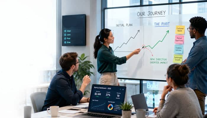 Why Startup Pivots Matter in 2026 - Startupeditor | Startup Editor Startup team discussing a startup pivot strategy using performance charts and growth data.