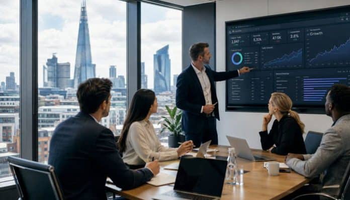 Business meeting in a glass-walled office as a man presents charts on a large screen to colleagues around a table with laptops.