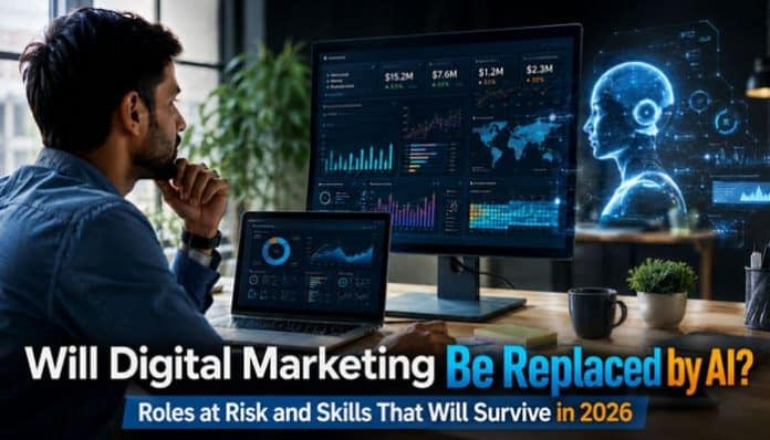 Will digital marketing be replaced by AI as a marketer studies analytics beside an artificial intelligence assistant