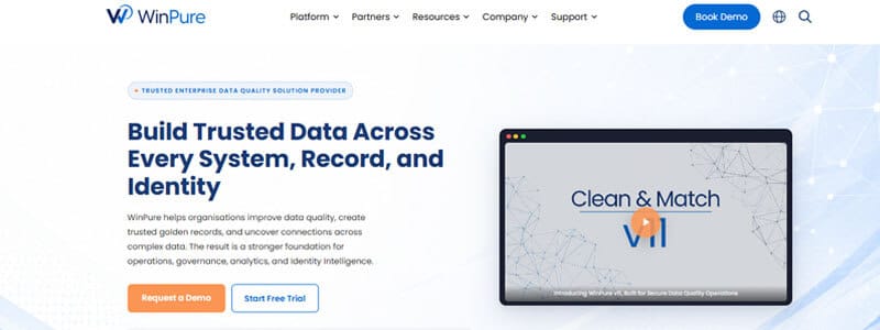Winpure - Startupeditor | Startup Editor WinPure hero: bold data-quality headline with two CTAs and a laptop graphic on the right labeled 'Clean & Match'.